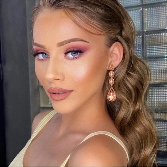 Rose Gold with Peach Morganite Crystal Teardrop Halo Chandelier Post Earrings - Picture 5 of 6